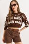 Women's Brown Bird's Eye Detailed Handle Heart Crop Knitwear Sweater Kzk-19001046