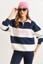 Women's Navy Blue Pink Polo Neck Color Detailed Oversized Fleece-Lined Sweatshirt Swt-19000783 - 6