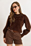 Women's Brown Stone Detailed Soft Textured Beard Sweater Kzk-19001000 - 6
