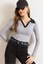 Women's Gray Black Color Block Polo Neck Cotton Stretchy Blouse Blz-19003104 - 5