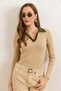 Women's Beige Khaki Color Block Polo Neck Cotton Stretchy Blouse Blz-19003104 - 3
