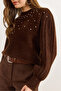 Women's Brown Stone Detailed Soft Textured Beard Sweater Kzk-19001000 - 5