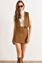 Women's Tan Zippered Stone Detailed Mini Suede Skirt Etk-19000368