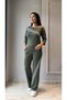 Women's Long Sleeve Three Quarter Sleeve One Shoulder Cross Striped Detail Ribbed Viscose Two Thread Blouse and Pant