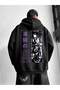 Anime Graphic Printed Hooded Hoodie – Black, Cherry Blossom Pattern, Oversized Fit - 4