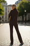 Women's Baggy Style Corded Fabric Collar Zippered Leg Slit Side Zippered Knitwear Set Coffee Tone - 6