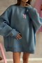 Women's Oversized Sweat Dress Pink Ribbon Printed Marine – Crew Neck, 3 Thread Fleece-Lined Fleece - 3