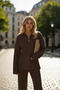 Women's Baggy Style Corded Fabric Collar Zippered Leg Slit Side Zippered Knitwear Set Coffee Tone - 4