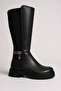 Black Long Zippered Stretch Stone Women's Boots - 4