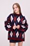 Women's Crew Neck Diamond Pattern Side Slit Fleece-Lined Knitwear Sweater - 5