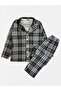 Boy's Cotton Suede Fabric Gray Color Green Plaid Pattern Shirt Collar Buttoned Winter Pajama Set - 2