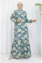 Viscose Fabric Patterned Dress with Elastic Sleeves 2037-04 Green