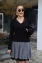 Buketli̇ Women's Pleated Plaid Skirt with V-Neck Lace Top Knitted Long Sleeve Short Dress