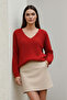 Women's Red V-Neck Comfortable Fit Knit Sweater