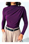 Women's Purple Boat Neck Shoulder Buttoned Gathered Long Sleeve Sandy Fabric Blouse