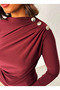 Women's Burgundy Boat Neck Shoulder Buttoned Long Sleeve Sandy Fabric Blouse - 4