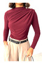 Women's Burgundy Boat Neck Shoulder Buttoned Long Sleeve Sandy Fabric Blouse - 5