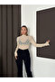 Women's Cream Stand Collar Transparent Lace Blouse - 5