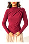 Women's Burgundy Boat Neck Shoulder Buttoned Long Sleeve Sandy Fabric Blouse - 3