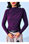 Women's Purple Boat Neck Shoulder Buttoned Gathered Long Sleeve Sandy Fabric Blouse - 4
