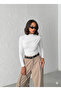 Women's Ecru Boat Neck Buttoned Shoulder Gathered Long Sleeve Sandy Fabric Blouse