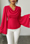 Fuchsia Round Neck Detail Long Sleeve Self Belted Crepe Fabric Blouse