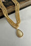 Golden Yellow Multi Chain Oval Pearl Detail Necklace (40+5cm) - 3