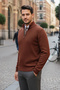 Slim Fit Zippered Judge Collar Corded Fabric Cotton Brown Sweater - 5