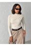 Women's Purple Boat Neck Shoulder Buttoned Gathered Long Sleeve Sandy Fabric Blouse