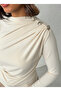 Women's Purple Boat Neck Shoulder Buttoned Gathered Long Sleeve Sandy Fabric Blouse - 2