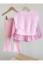 Girl's Cotton Pink Knitwear Three-Piece Set – Striped Ruffle Detail - 2