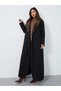 Black Wool Like Abaya with Animal Print Faux Fur Collar - 2
