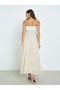 Beige Bandeau Neck Pleated Maxi Dress - 5