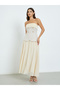Beige Bandeau Neck Pleated Maxi Dress - 2