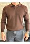 Men's Regular Fit Polo Neck Corded Fabric Knitwear Sweater Bitter Brown Eca046