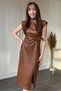Shoulder Pad Piece Slit Brown Leather Dress with Gold Belt Detail