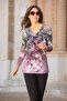 Women's Plus Size Stretch Fabric V-Neck Patterned Long Sleeve Stone Mother Combed Cotton Blouse