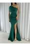 One Shoulder Scuba Fabric Slit Special Design Dress 582078 Emerald