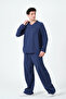 Plus Size 100% Cotton V-Neck Navy Blue Long Sleeve T-Shirt - 2