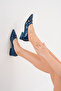 Navy Blue Patent Leather Printed 2 cm Thick Heel Women's Ballet Shoes - 6