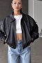 Beli̇ze O Oversized Bomber Leather Jacket with Elastic Waist Black