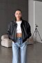 Beli̇ze O Oversized Bomber Leather Jacket with Elastic Waist Black - 3