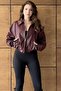 London Oversized Bomber Leather Jacket with Elastic Waist Burgundy - 4
