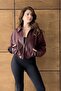 London Oversized Bomber Leather Jacket with Elastic Waist Burgundy - 2