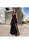Women's Straps Shoulder Tie Double Breasted Collar Long Slit Janjan Crepe Dress - 3