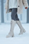 Women's Cream Below-Knee Lace-Up Thick Heeled Zippered Boots - 4