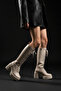 Women's Cream Below-Knee Lace-Up Thick Heeled Zippered Boots - 7