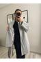 Gray Short Cashmere Coat with Detachable Wide Shawl - 2