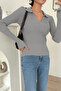 Gray Corded Fabric Polo Neck Knit Sweater