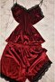 Burgundy Velvet Lace Shorts Set - 3